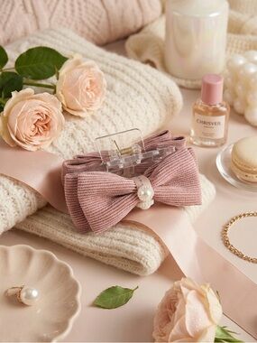 Mom daughter handmade Delicate Pink Bow Hair Claw with Pearl Accent